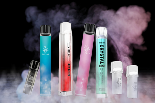 A cloud of vapor rising in the background with prefilled pod kits and pods displayed in the foreground, highlighting an easy transition from disposable to reusable vaping solutions.