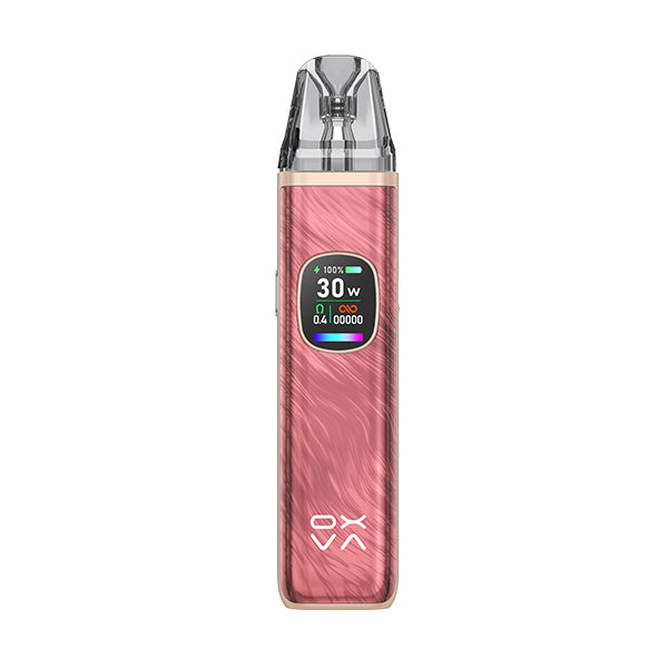 Oxva xlim pro 2 rose pink device with led screem and oxva branding vape kit in white background.