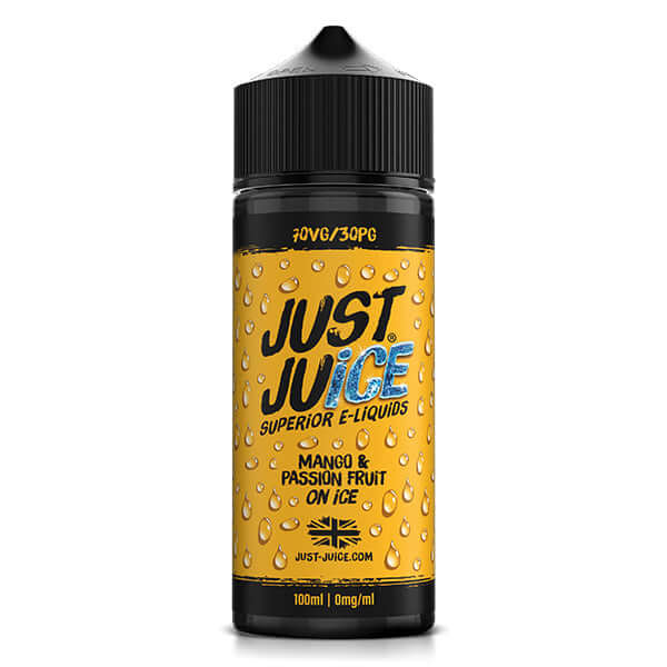Just Juice mango and passionfruit on ice 100ml e-liquid bottle on a white background
