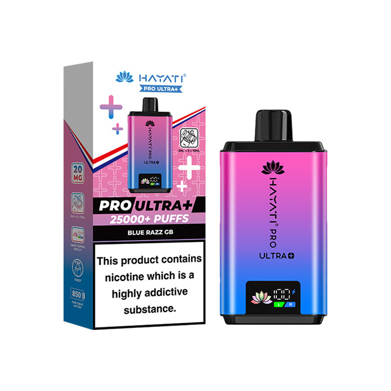 Hayati Pro Ultra+ blue razz gummy bear vape device and box on a white background.