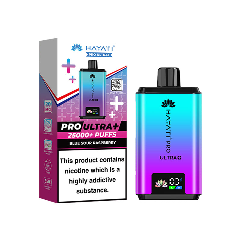Hayati Pro Ultra+ blue sour raspberry vape device and box on a white background.
