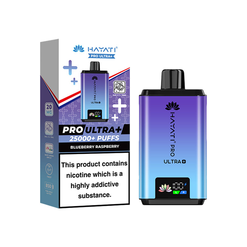 Hayati Pro ultra 25000 puffs vape device with blueberry raspberry flavour variant and box on a white background.