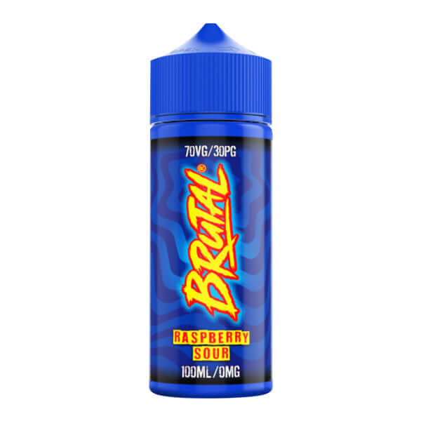 Blue bottle of Brutal Raspberry Sour e-liquid with red and yellow text on a blue background.