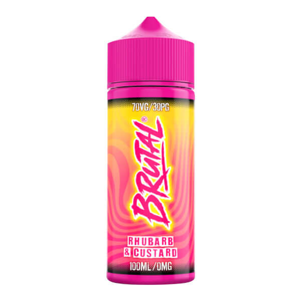 Pink and yellow bottle of Brutal Rhubarb & Custard e-liquid on a white background.
