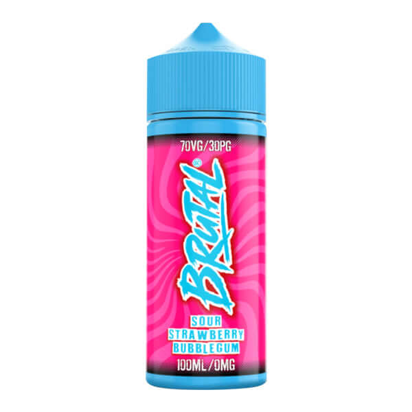 Bottle of Brutal Sour Strawberry Bubblegum e-liquid with blue cap on a white background