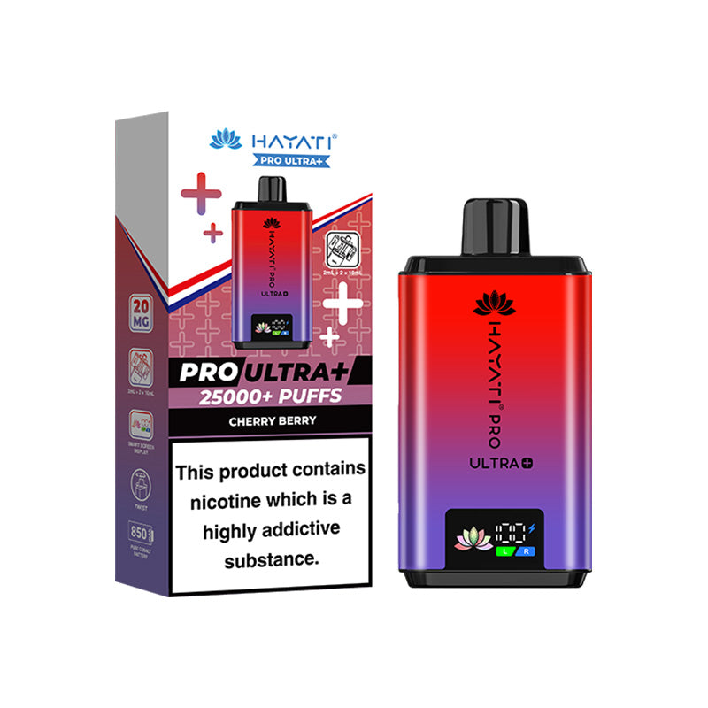 Hayati Pro ultra 25000 puffs vape device with cherry berry flavour variant and box on a white background.