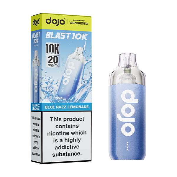 Dojo blast 10k blue razz lemonade flavoured indisposable vape device and box.