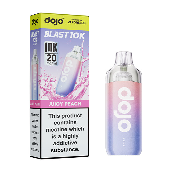 Dojo blast 10k juicy peach flavoured indisposable vape device and box.