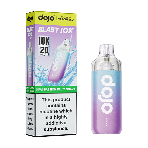 Dojo blast 10k kiwi passion fruit guave flavoured indisposable vape device and box.