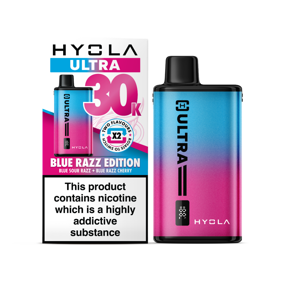 Hyola ultra 30k blue razz edition vape device and box.