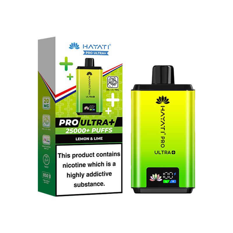 Hayati Pro ultra 25000 puffs vape device with lemon lime flavour variant and box on a white background.