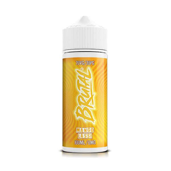 Brutal Mango Lassi vape juice bottle with yellow stripes on white background.