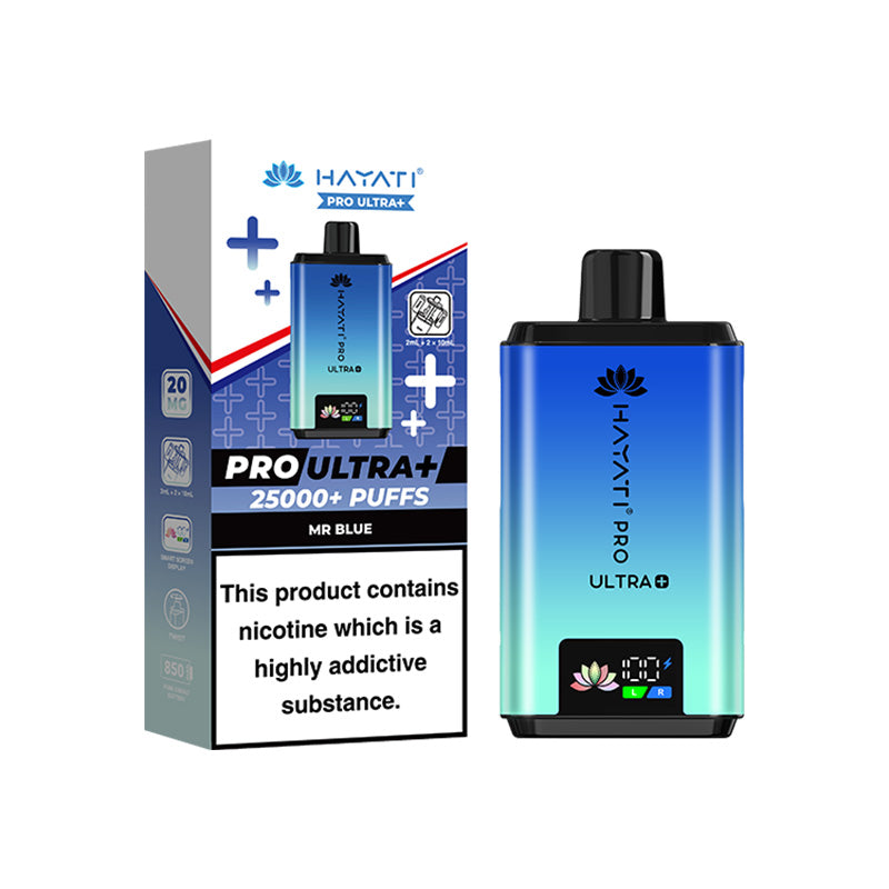 Hayati Pro ultra 25000 puffs vape device with mr blue flavour variant and box on a white background.