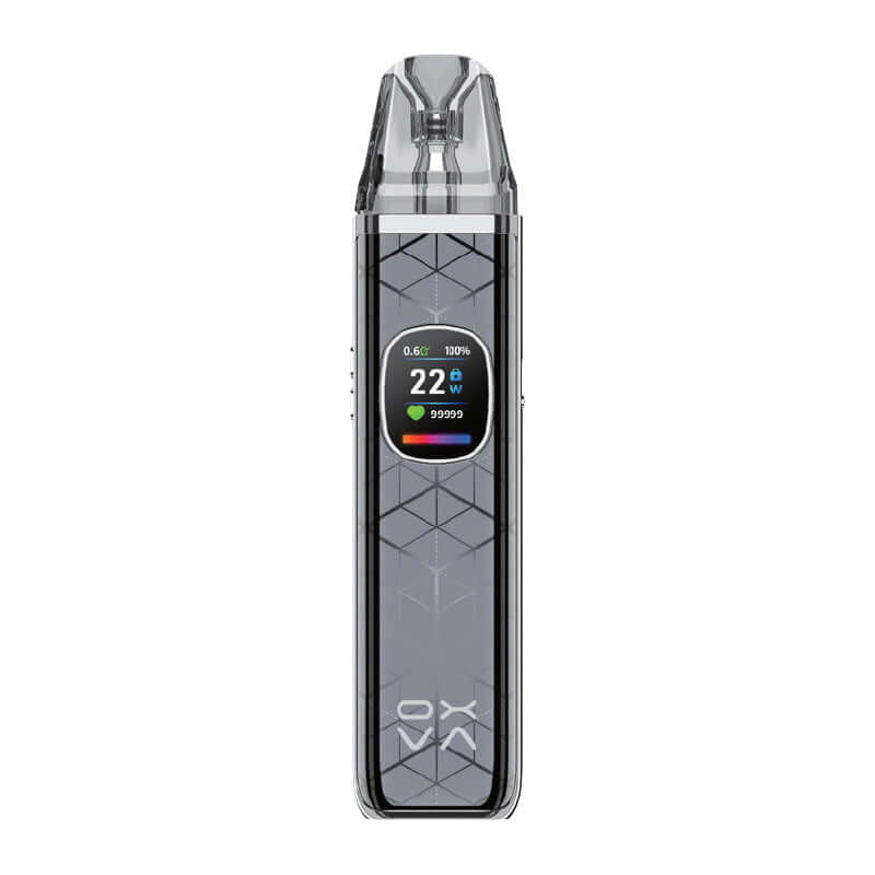 Oxva xlim pro 2 dna nebula gray vape device with digital display on a white background