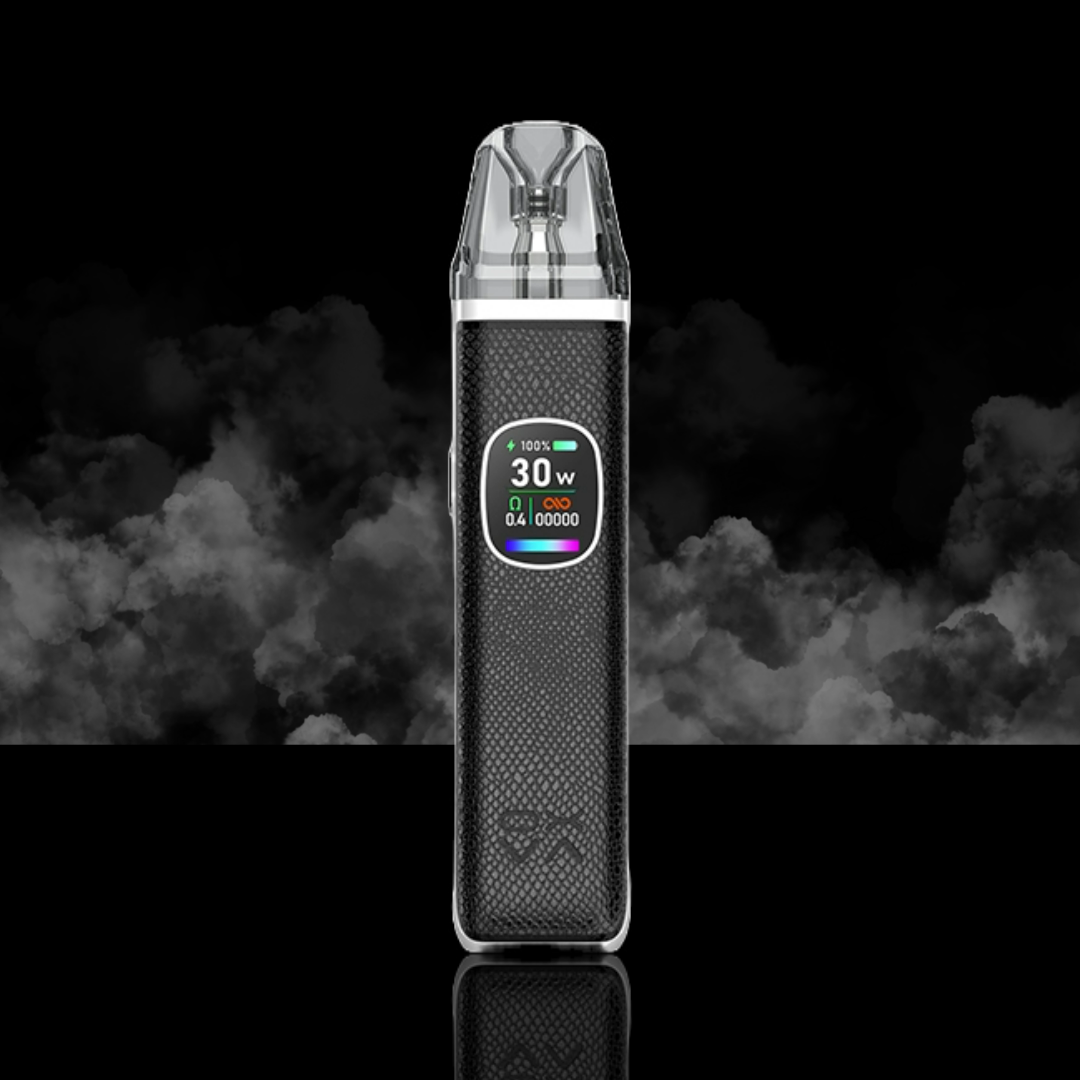 Oxva xlim pro 2 black and white device with led screen and oxva branding vape kit in white background.