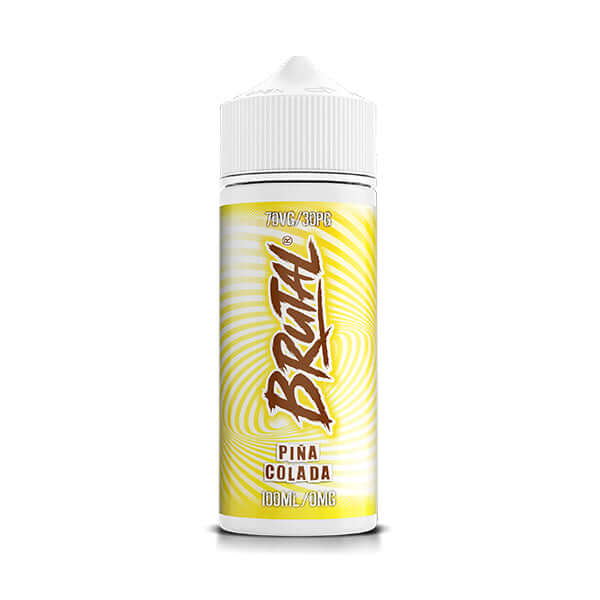 Brutal Pina Colada vape juice bottle containing yellow and white lining swirls on a white background.