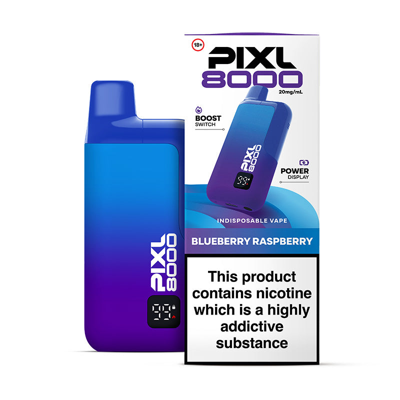Pixl 8000 blueberry raspberry flavour vape device and box.