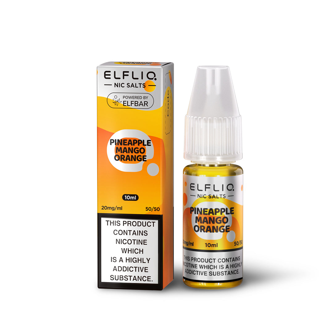 elfliq_nic_salt_e_liquid_10ml_pineapple_mango_orange_bottle_by_elf_bar_showing_50vg_50pg_ratio_with_10mg_or_20mg_nicotine_strength_for_mtl_vaping_variant