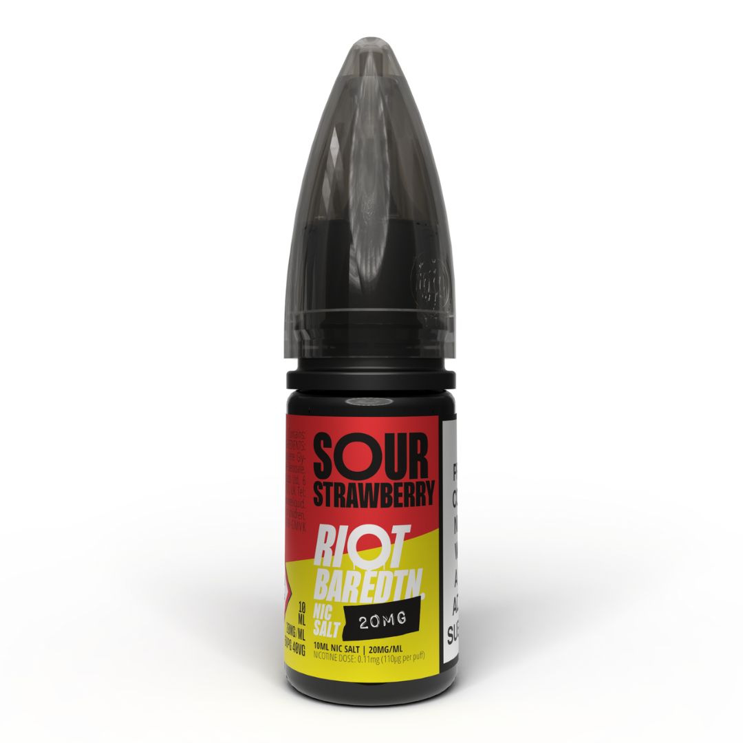 riot_squad_nic_salt_e_liquid_10ml_sour_strawberry_bottle_showing_50vg_50pg_ratio_with_5mg_10mg_or_20mg_nicotine_strength_for_mtl_vaping_variant