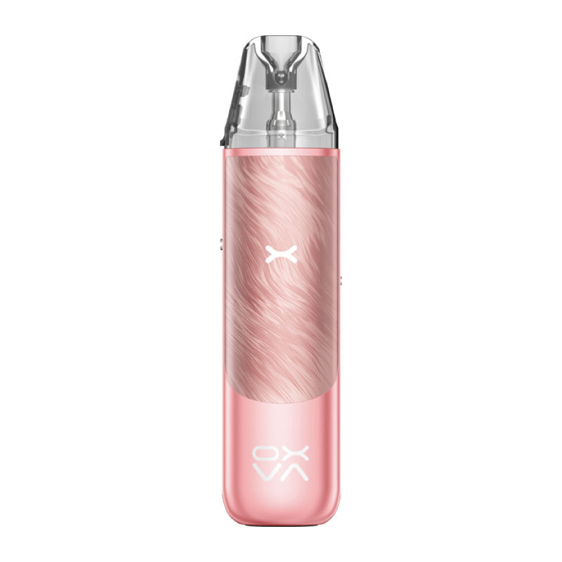 Oxva Nexlim Go rose pink vape device with a clear pod on top on a white background.