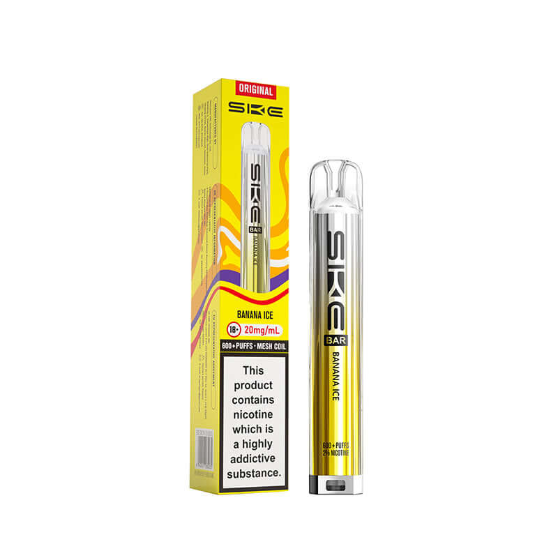 SKE original banana ice pod kit 600 Puffs device and box on a white background.