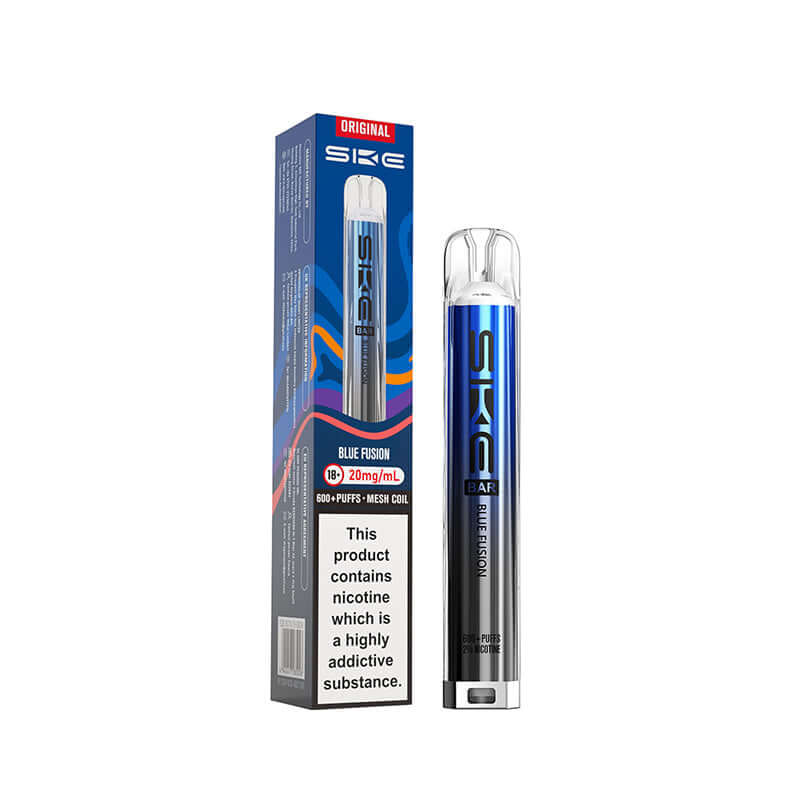 SKE original blue fusion pod kit 600 Puffs device and box on a white background.