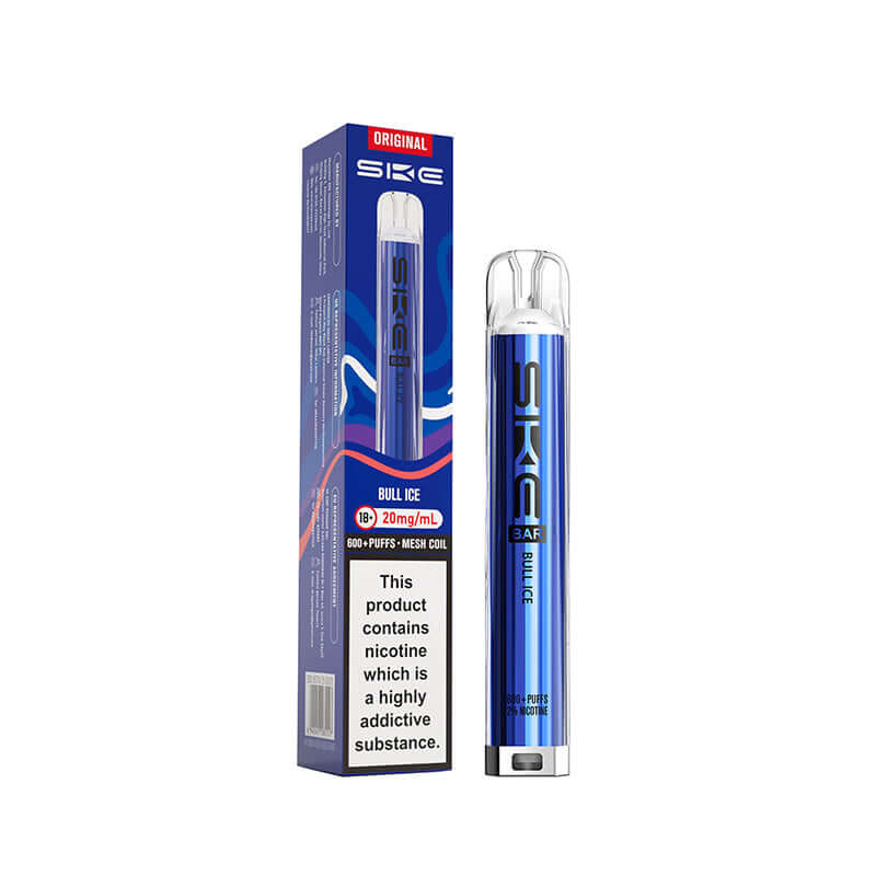 SKE original bull ice pod kit 600 Puffs device and box on a white background.