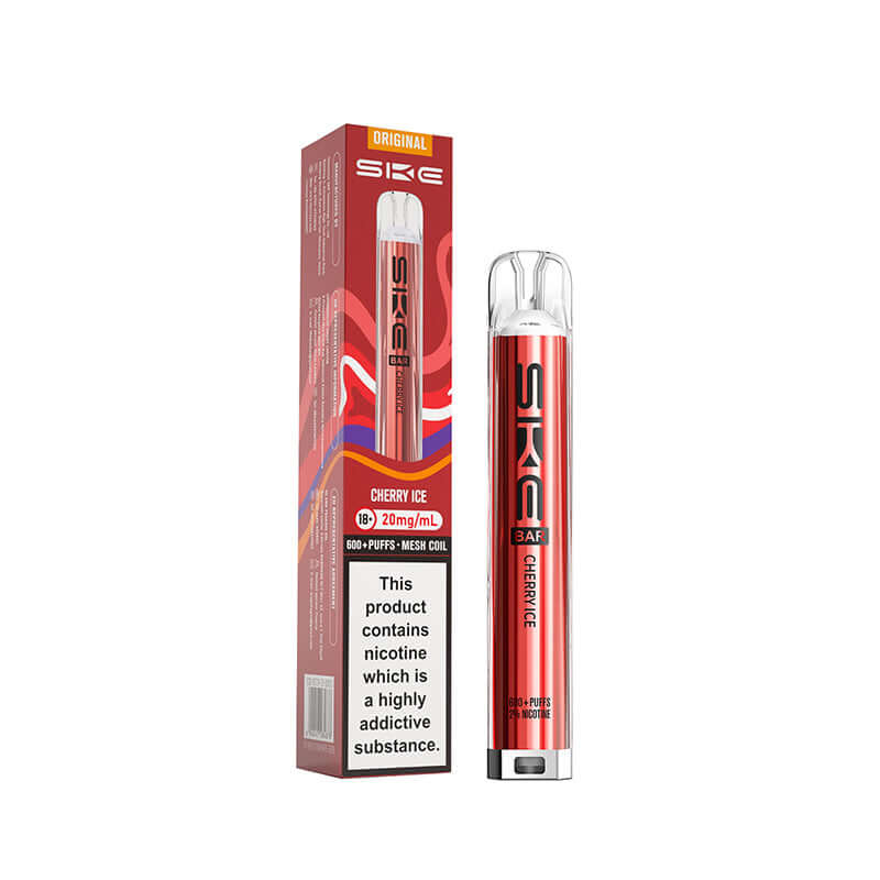SKE original cherry ice pod kit 600 Puffs device and box on a white background.