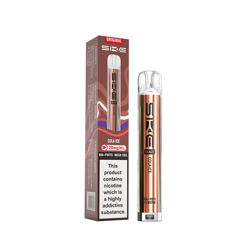 SKE original cola ice pod kit 600 Puffs device and box on a white background.