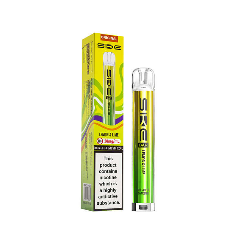 SKE original lemon and lime pod kit 600 Puffs device and box on a white background.