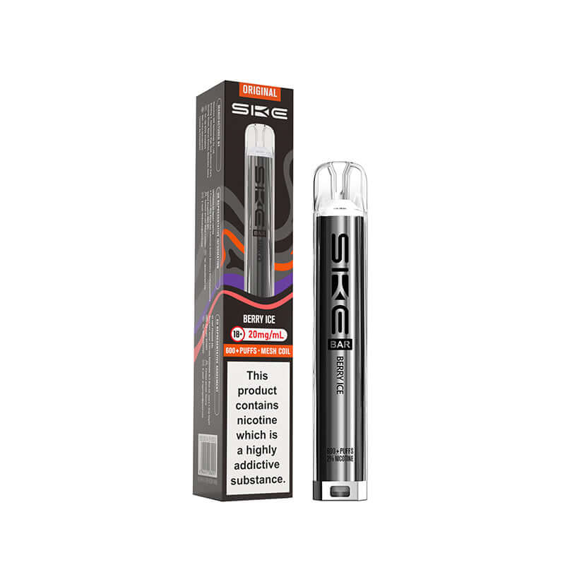 SKE original berry ice pod kit 600 Puffs device and box on a white background.