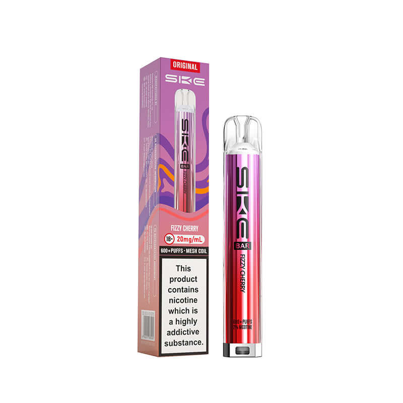 SKE original fizzy cherry pod kit 600 Puffs device and box on a white background