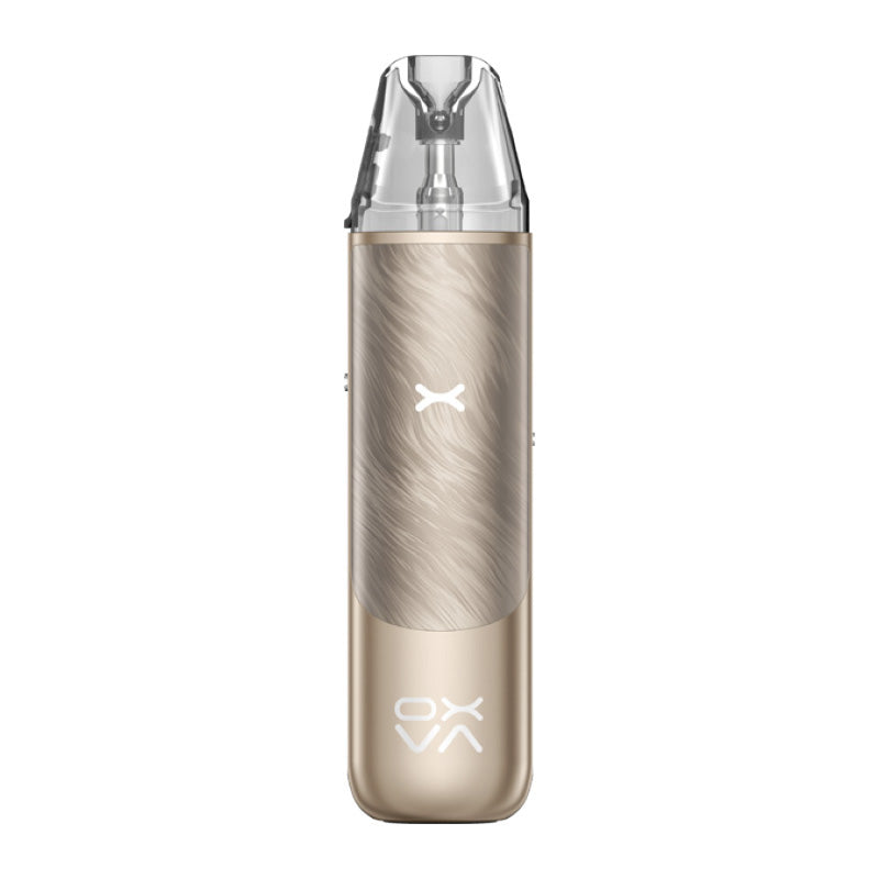 Oxva Nexlim Go sahara brown vape device with a clear pod on top on a white background.