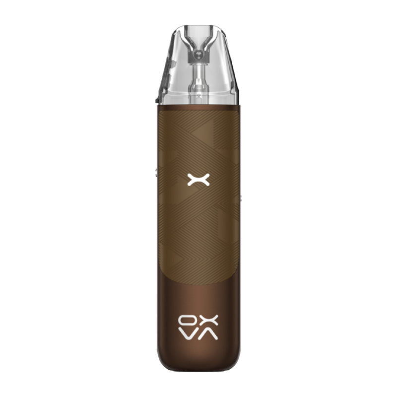 Oxva Nexlim Go silky coffee vape device with a clear pod on top on a white background.
