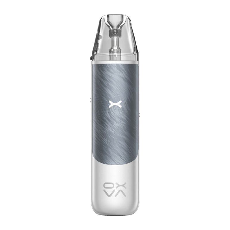 Oxva Nexlim Go space grey vape device with a clear pod on top on a white background.