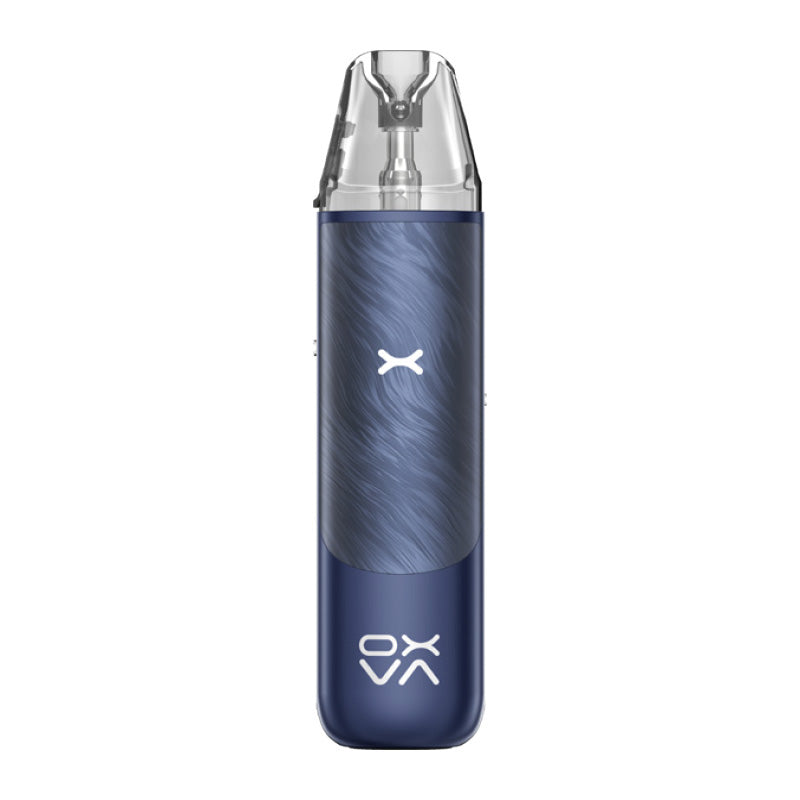 Oxva Nexlim Go starry blue vape device with a clear pod on top on a white background.