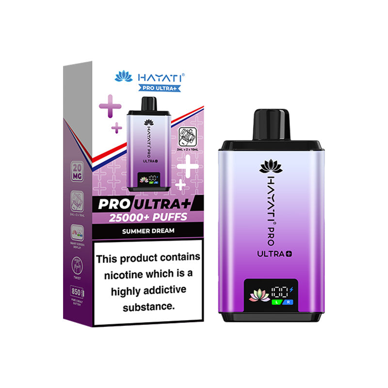 Hayati Pro ultra 25000 puffs vape device with summer dream flavour variant and box on a white background.