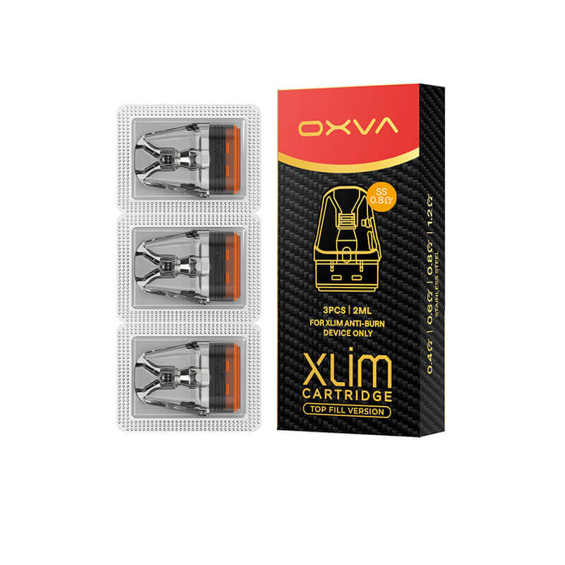 OXVA Xlim SS 0.8 cartridge packaging with three clear cartridges and a box on a white background