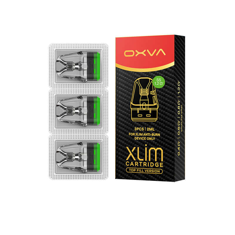 OXVA Xlim SS 1.2 cartridge packaging with three clear cartridges and a box on a white background