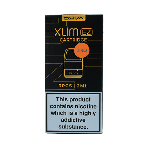 A pack of three OXVA Xlim EZ 0.8 ohms replacement pods. The packaging has the OXVA branding and a schematic of a vaping pod.