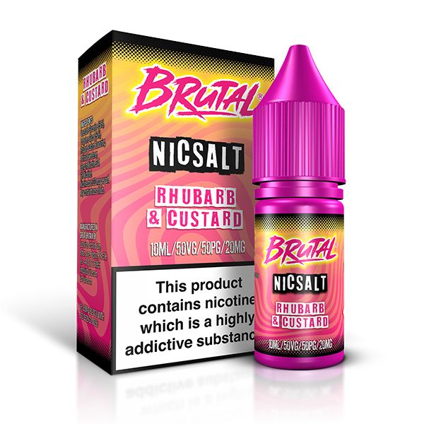 brutal_nic_salt_e_liquid_10ml_rhubarb_&_custard_bottle_showing_50vg_50pg_ratio_with_11mg_or_20mg_nicotine_strength_for_mtl_vaping_variant