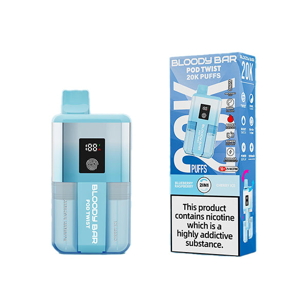 Bloody Bar pod twist 20k Blue raspberry and cherry ice variant device and box.
