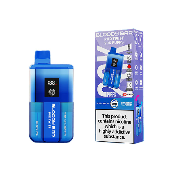 Bloody Bar pod twist 20k Blue razz ice and blue raspberry variant device and box.