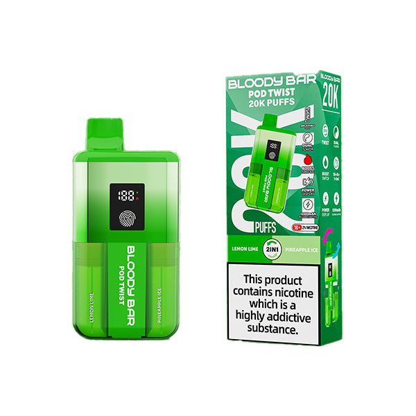 Bloody Bar pod twist 20k Lemon lime and pineapple ice variant device and box.
