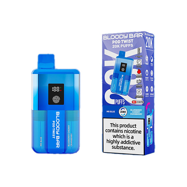 Bloody Bar pod twist 20k Mr blue and blueberry cherry cranberry variant device and box.