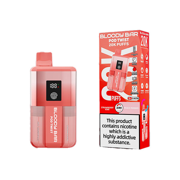 Bloody Bar pod twist 20k strawberry kiwi and peach mango variant device and box.