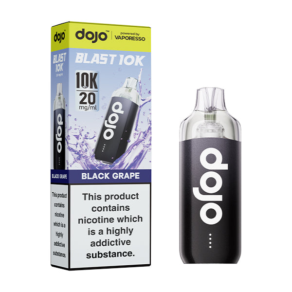 Dojo blast 10k black grape flavoured indisposable vape device and box.