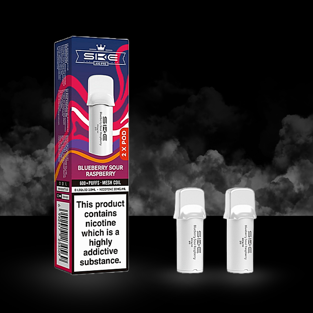 ske 600 pro blueberry sour raspberry flavour pod box with two pods.