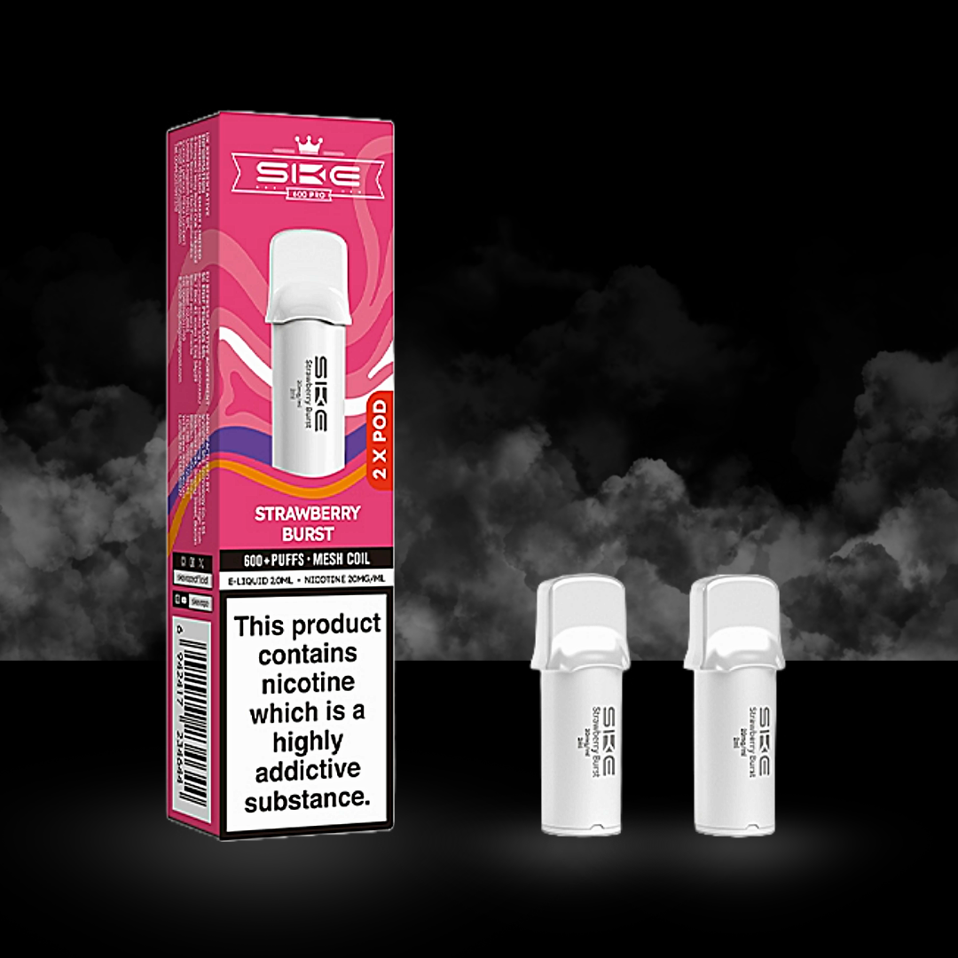 ske 600 pro strawberry burst flavour pod box with two pods.