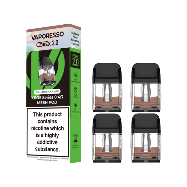vaporesso xros corex 2.0 in 0.4 ohm replacement pods 4pack box side angle pods front angle.